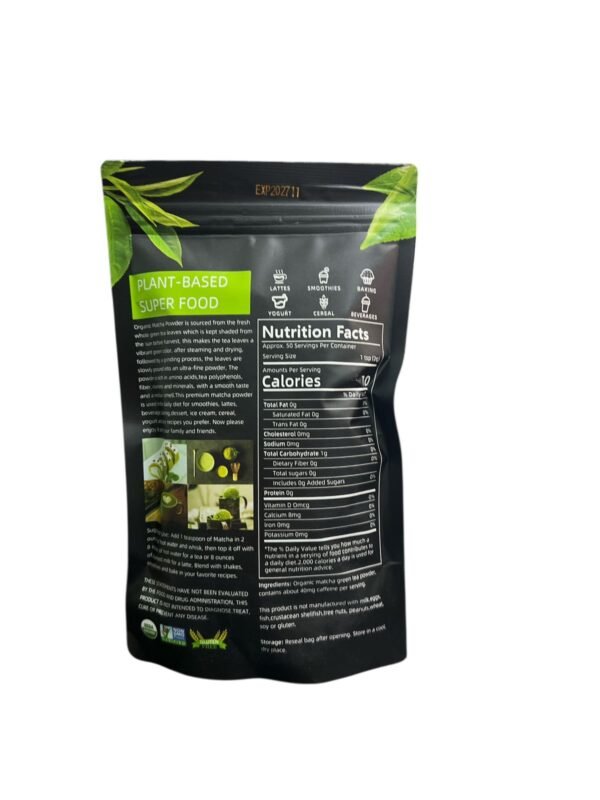 Organic matcha tea powder is a nutrient- and antioxidant-rich product that has numerous benefits and can be used in a variety of ways. Key Benefits Rich in antioxidants: Matcha contains high levels of antioxidants, especially catechins (EGCG), which fight free radicals and reduce inflammation in the body. Boosts energy and focus: Caffeine provides sustained energy, while the amino acid L-theanine helps promote relaxation and calm alertness, improving focus and mood without the jitters associated with coffee. Supports metabolism and fat burning: It raises the metabolic rate and supports fat burning, making it beneficial for those on weight loss diets. Heart and liver health: May help protect the liver from damage, flush out toxins, and reduce the risk of heart disease. Nutritional properties: The product is vegan, gluten-free, dairy-free, soy-free, and non-GMO, making it suitable for people with various food sensitivities. How to use Matcha can be prepared in a variety of ways: A cup of traditional matcha tea: Place a teaspoon (about 1-2 grams) of matcha powder in a bowl or cup. Add hot (not boiling) water at a temperature of about 80 degrees Celsius. Whisk the mixture vigorously with a bamboo matcha whisk (chasen) or a small whisk in an "M" or "W" zigzag motion until the powder is completely dissolved and a light foam forms on the surface. Matcha latte: Can be blended with hot milk or plant-based milk (such as oat or almond milk) for a creamy drink. In recipes: Can be added to smoothies, baked goods such as cakes and desserts, or other dishes to enhance nutritional value and flavor. Frequently Asked Questions How many cups can I drink per day? Typically, 1 to 2 cups per day is allowed for healthy adults to take advantage of its benefits without the risks of caffeine overload. Does matcha taste bitter? High-quality matcha may have a mild, tolerable bitterness, especially at the point of cooking. Excessive bitterness often indicates the use of very hot water or a lower quality of powder. Is matcha the same as regular green tea? Matcha differs from regular green tea in that you are consuming the ground whole leaf, making it more concentrated in nutrients. How do I keep it fresh? It should be stored in an airtight container in a cool, dark place away from heat, light, and moisture. Once opened, it is best consumed within 4-8 weeks for the best quality.