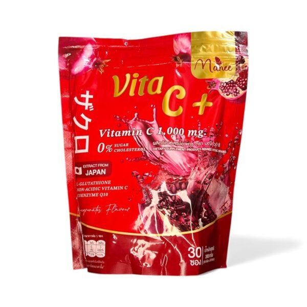 Mane Vita C+ is an effective daily supplement enriched with 1000 mg of vitamin C and enriched with skin- and immune-boosting ingredients. Free of sugar and cholesterol, it is a healthy choice for those looking for beauty and wellness support.    Main ingredients: Vitamin C (1000 mg) - Strengthens the immune system, supports collagen production, and promotes a youthful complexion. L-Glutathione - a powerful antioxidant that helps brighten the skin and detoxify the body. Coenzyme Q10 (CoQ10) - Boosts energy production and protects cells from oxidative damage. Pomegranate Flower Extract - Rich in antioxidants, promotes healthy skin and hormonal balance.      Benefits: Boosts the immune system Promotes healthy, radiant skin Helps reduce oxidative stress Supports natural collagen production Sugar and cholesterol free How to use: Take one sachet daily. Mix with cold water, stir well, and enjoy the taste.