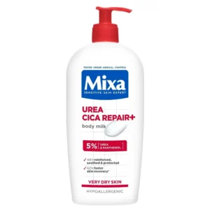 Mixa Urea Cica Repair Body Milk bottle with red pump for dry skin.