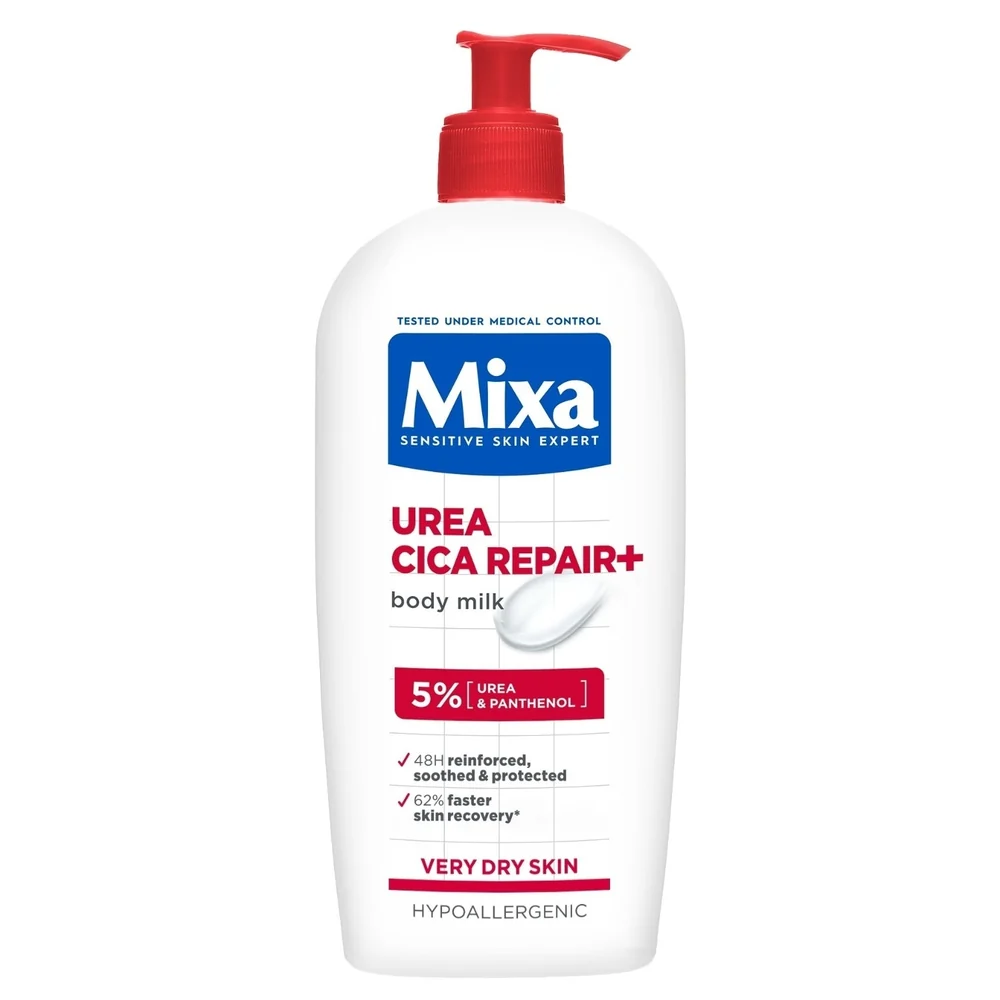 Mixa Urea Cica Repair Body Milk bottle with red pump for dry skin. Mixa Urea Cica Repair Body Milk bottle with red pump for dry skin.