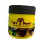 Image of organic pure African Shea Butter in a yellow container with a black lid