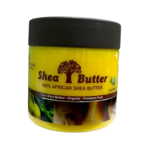 Image of organic pure African Shea Butter in a yellow container with a black lid