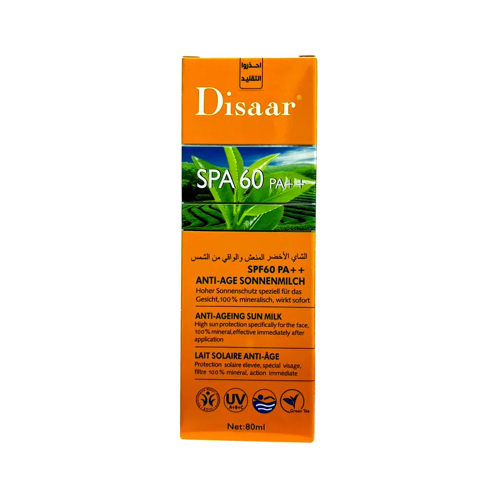 حليب الشمس المضاد للشيخوخة من Disaar Disaar Anti-Ageing Sun Milk SPF60 packaging